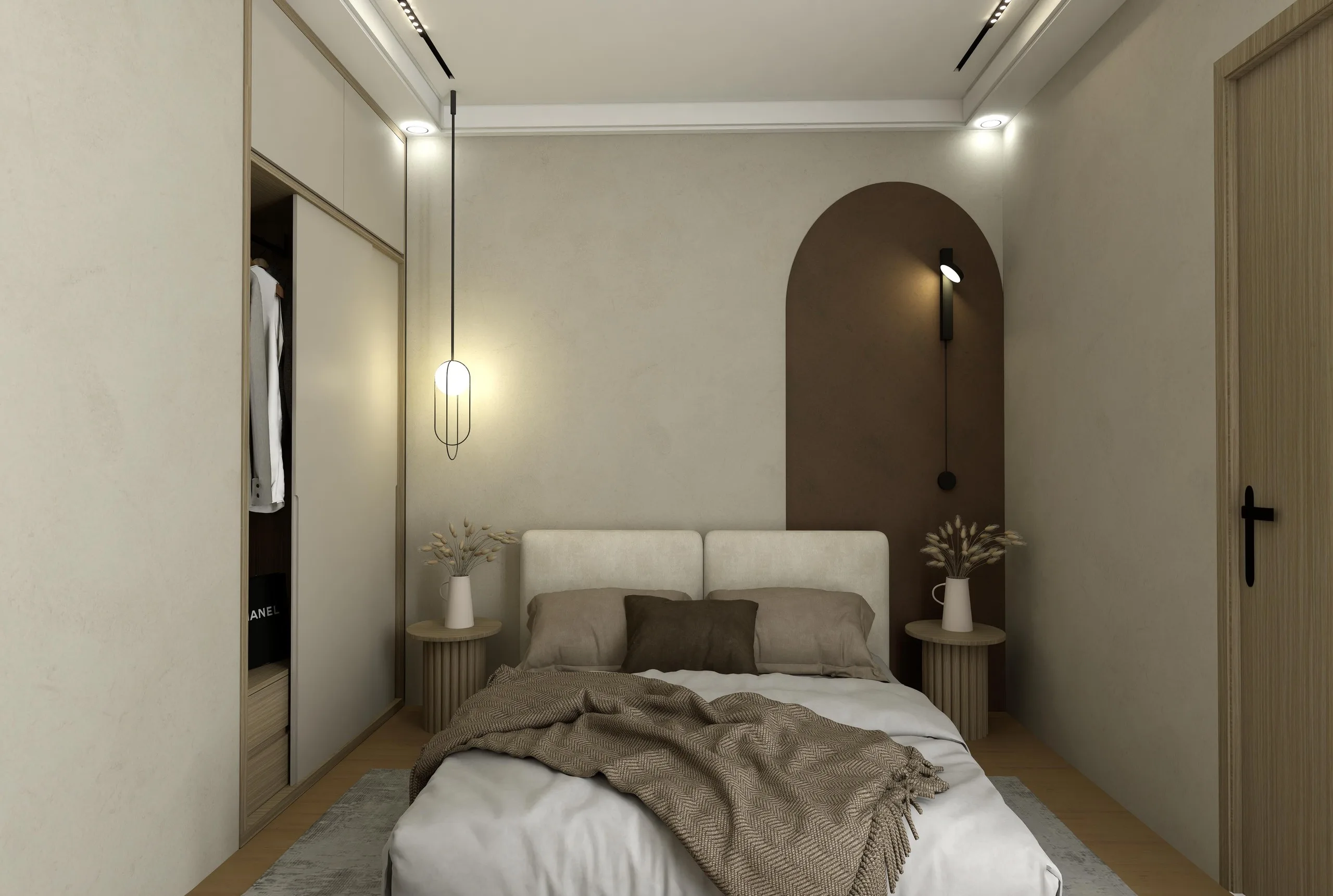 Warm neutral bedroom with a deep arched niche, fluted timber and soft pendant lighting