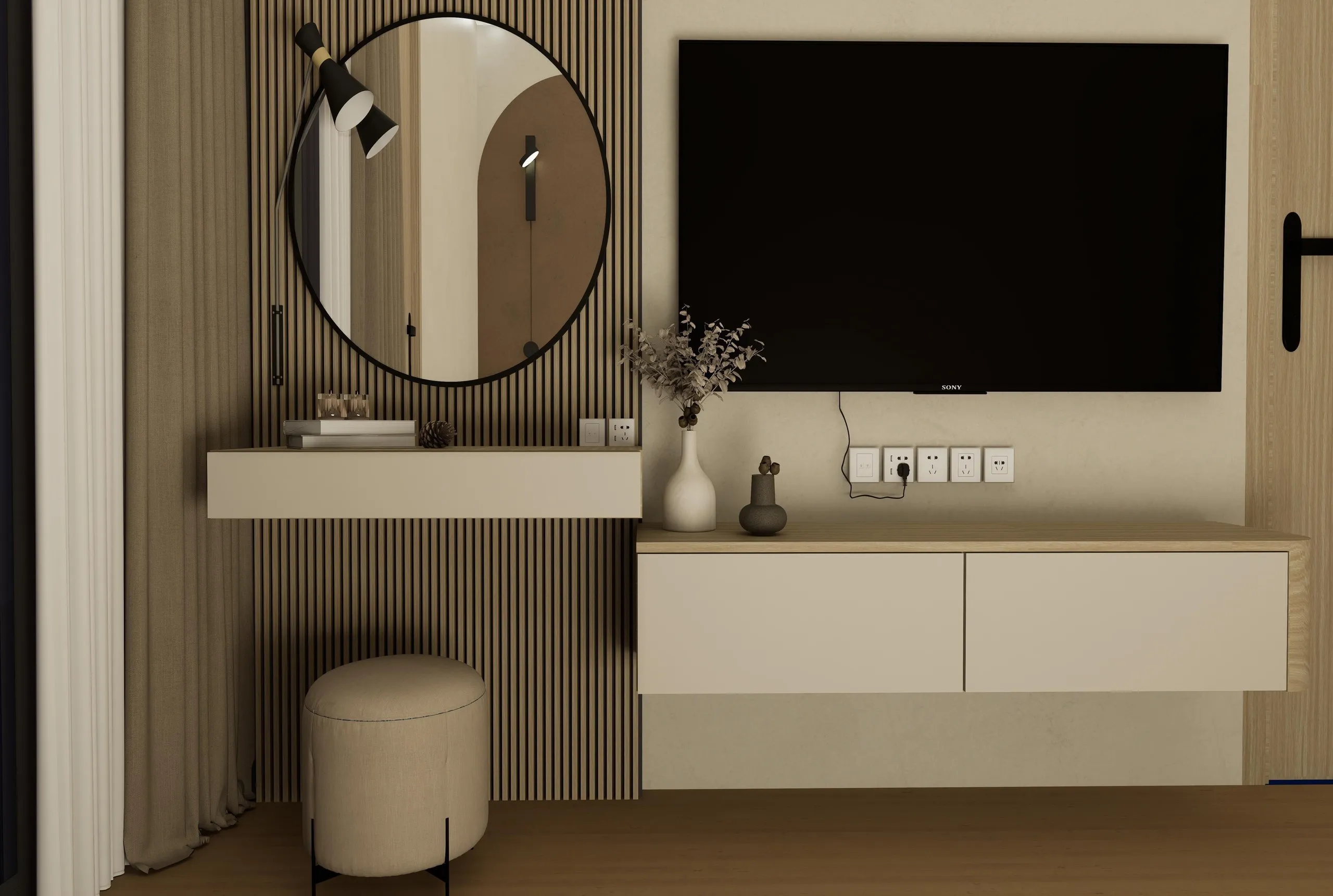 Dressing area with a vertical slatted timber panel, round black-framed mirror and a floating cream vanity beside a wall-mounted television.