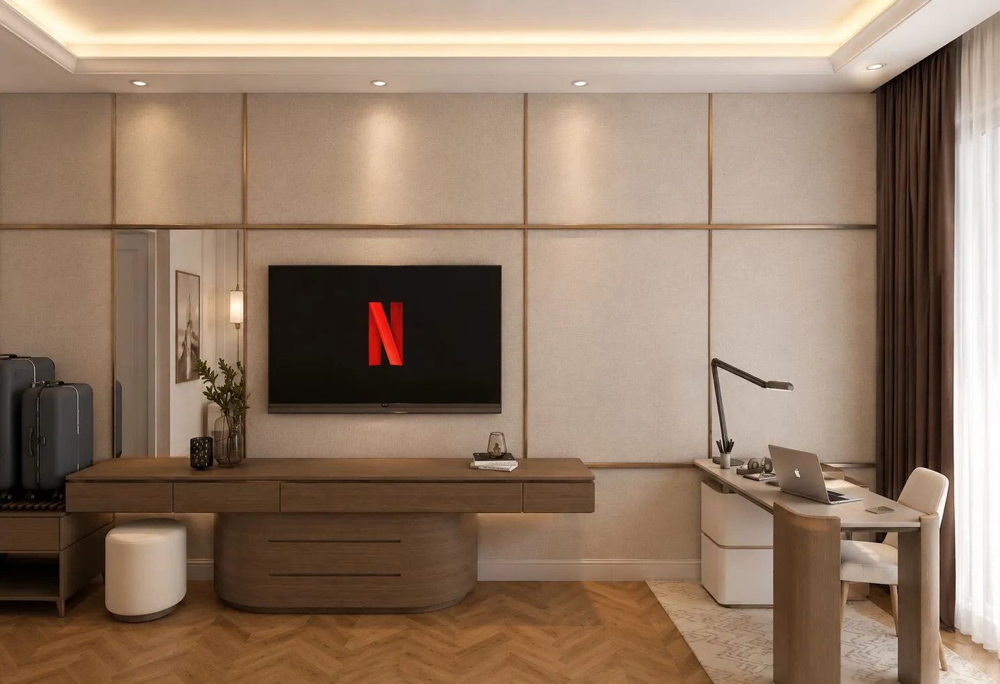 Upholstered media wall in linen panels with brass reveals