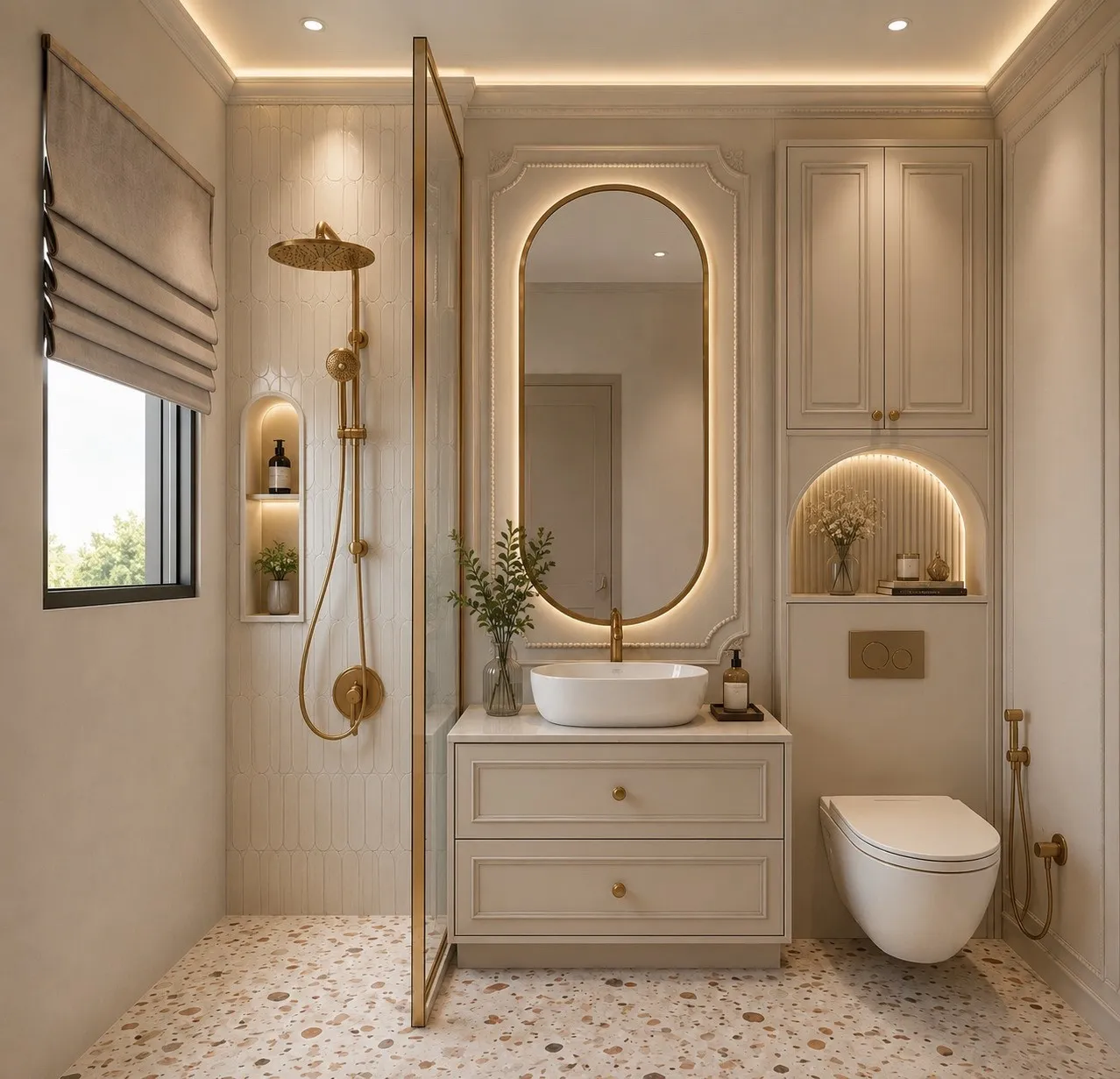 Powder room with terrazzo flooring, an arched brass-framed mirror, backlit niche and a fluted vanity with brass fittings.