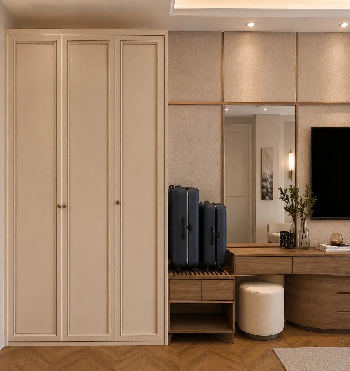 Panelled wardrobe in soft beige with brass knobs, beside a luggage nook and dressing table on herringbone timber flooring.