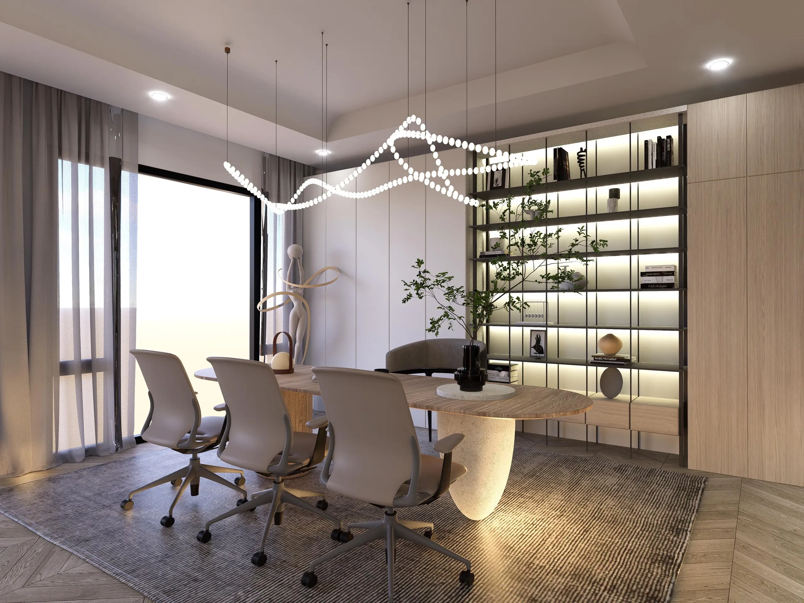 Corporate meeting room with an oval travertine-based table, pale ergonomic chairs, a full-height backlit shelving wall and a sculptural ribbon pendant light.