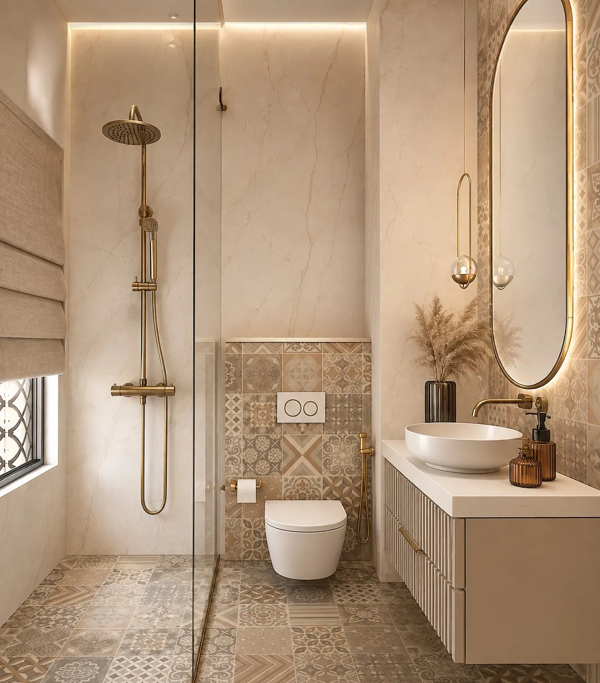 Bathroom with patterned encaustic tile, marble and a fluted vanity