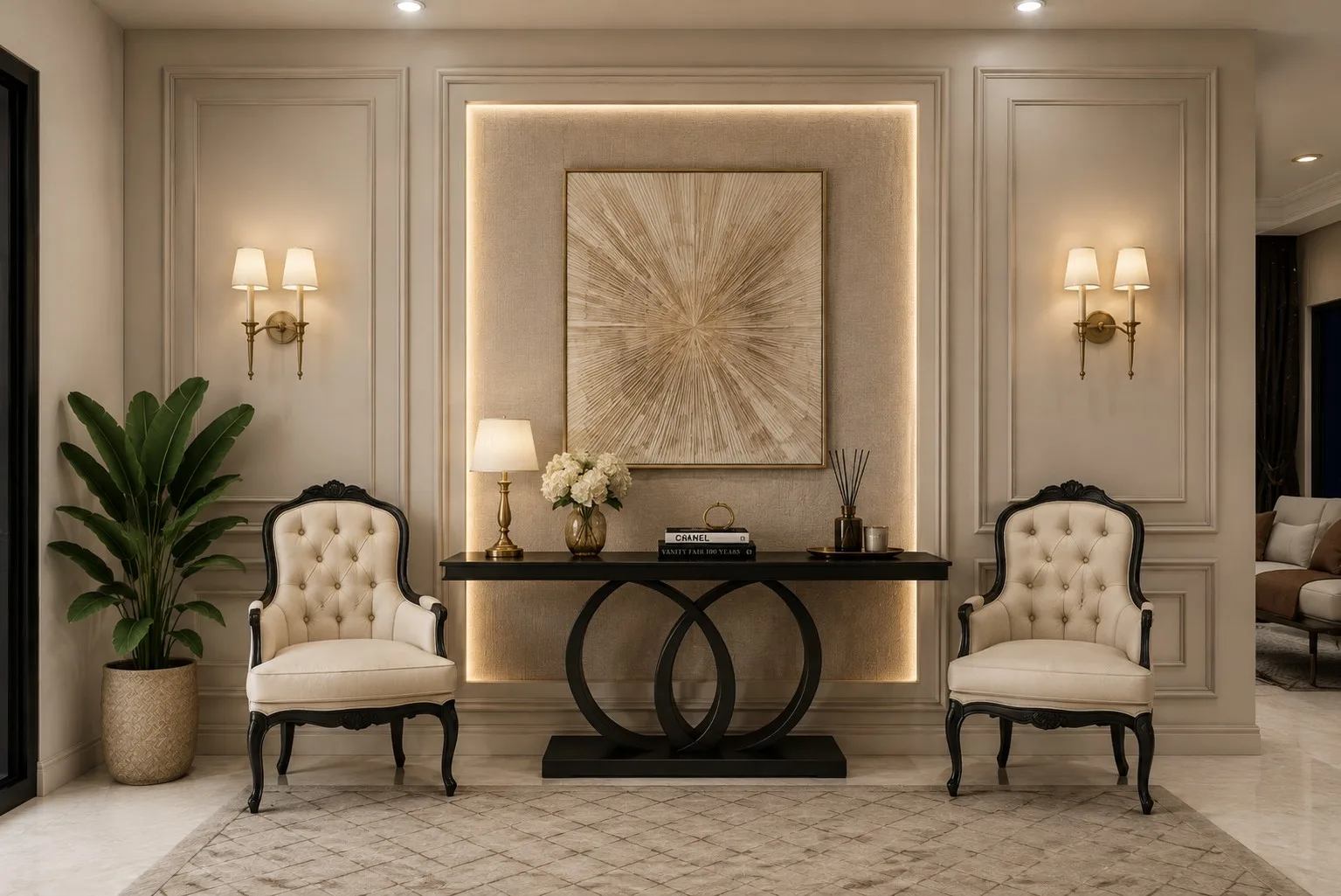 Entrance foyer with panelled cream walls, a black sculptural console table beneath a backlit textured artwork, flanked by two tufted armchairs.