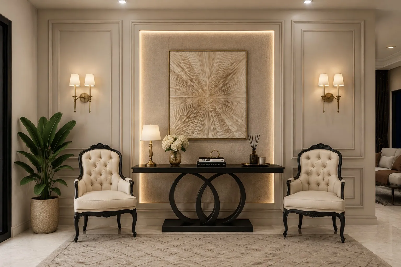 Entrance foyer with panelled cream walls, a black sculptural console table beneath a backlit textured artwork, flanked by two tufted armchairs.