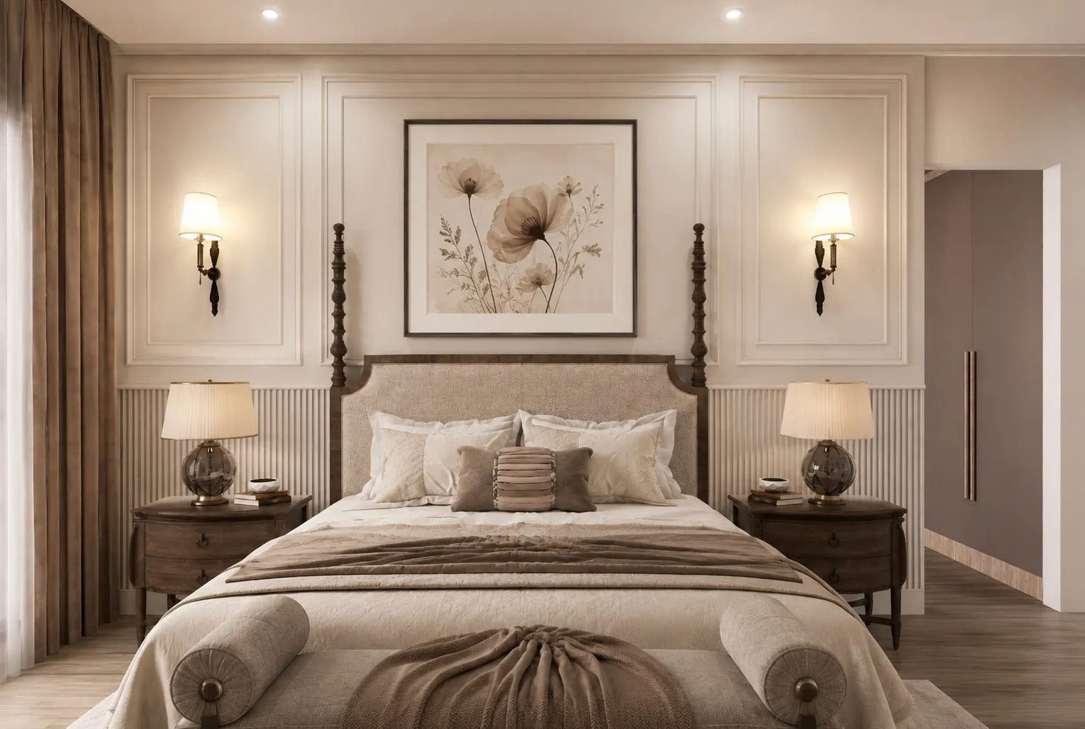Principal bedroom with a carved timber four-poster bed, fluted wainscot panelling, twin table lamps and a botanical artwork.
