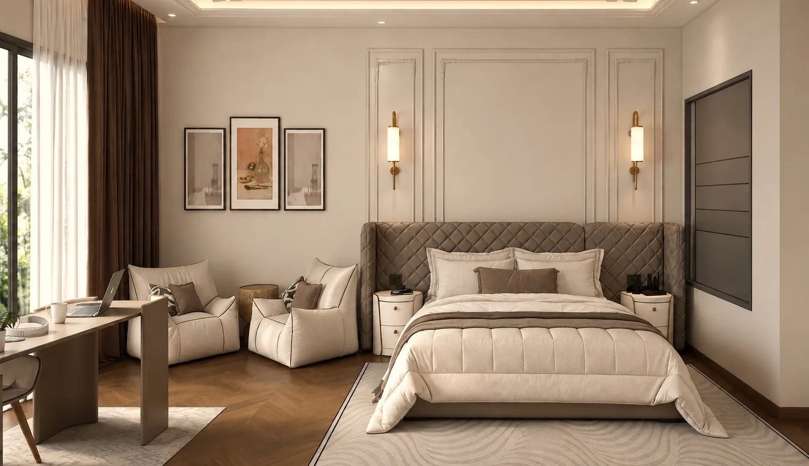 Bedroom seen from the side, showing a quilted headboard, framed artwork and a slim writing desk set against the window.