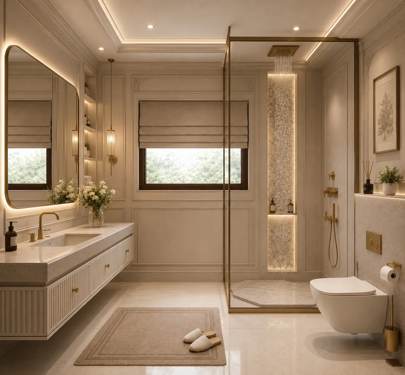 Ensuite bathroom with a brass-framed walk-in shower, twin vanity in pale stone, backlit mirror and a textured feature niche.