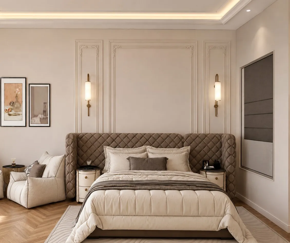 Master bedroom with a full-width quilted taupe headboard, symmetrical brass wall sconces, moulded wall panelling and herringbone timber flooring.