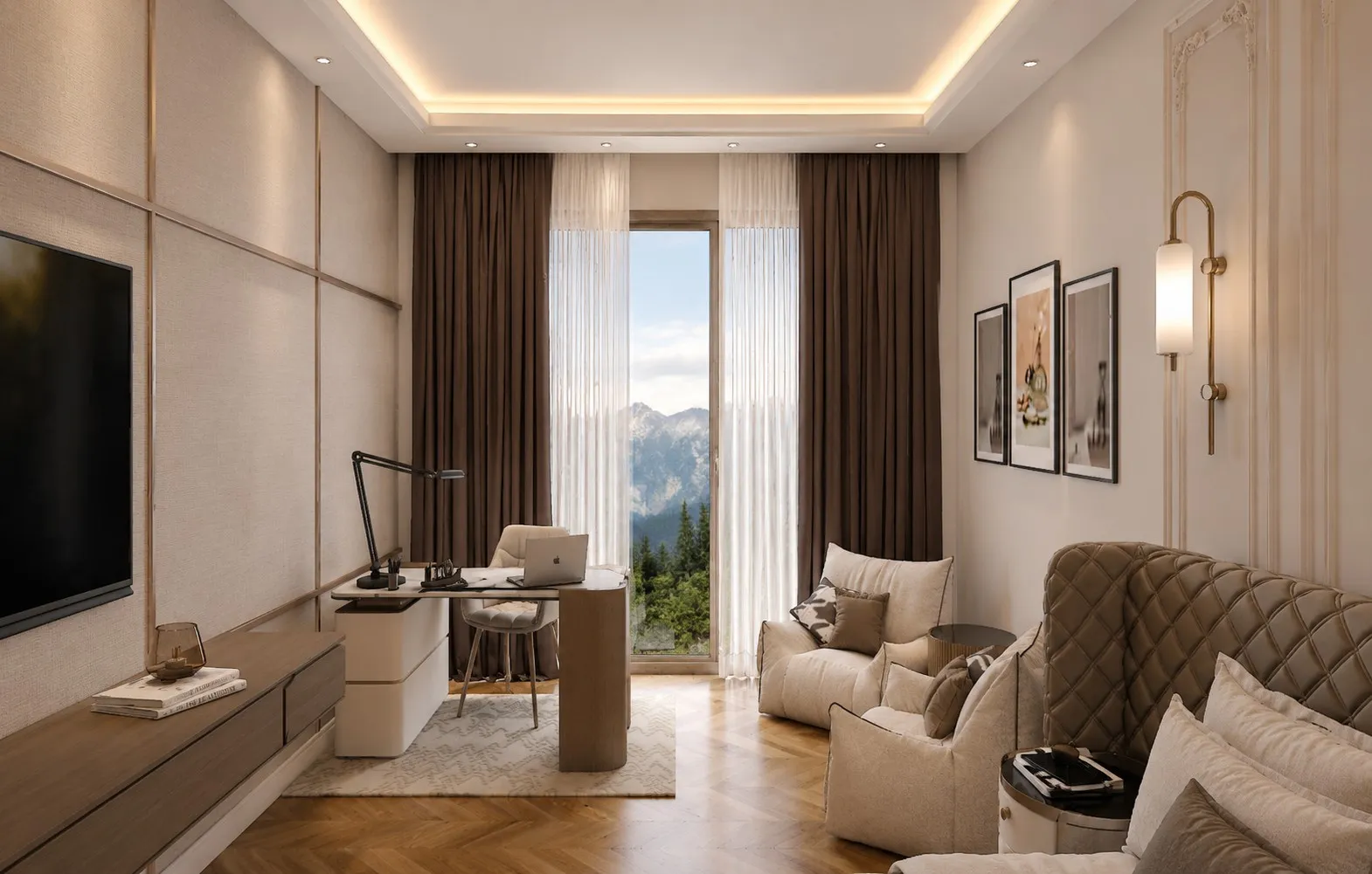 Study corner of the suite with a floating desk, lounge chairs and full height curtains framing a mountain view.