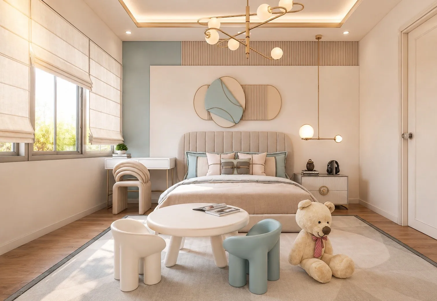 Children's bedroom in cream and soft sage, with a fluted headboard, brass globe chandelier, roman blinds and a small round play table.