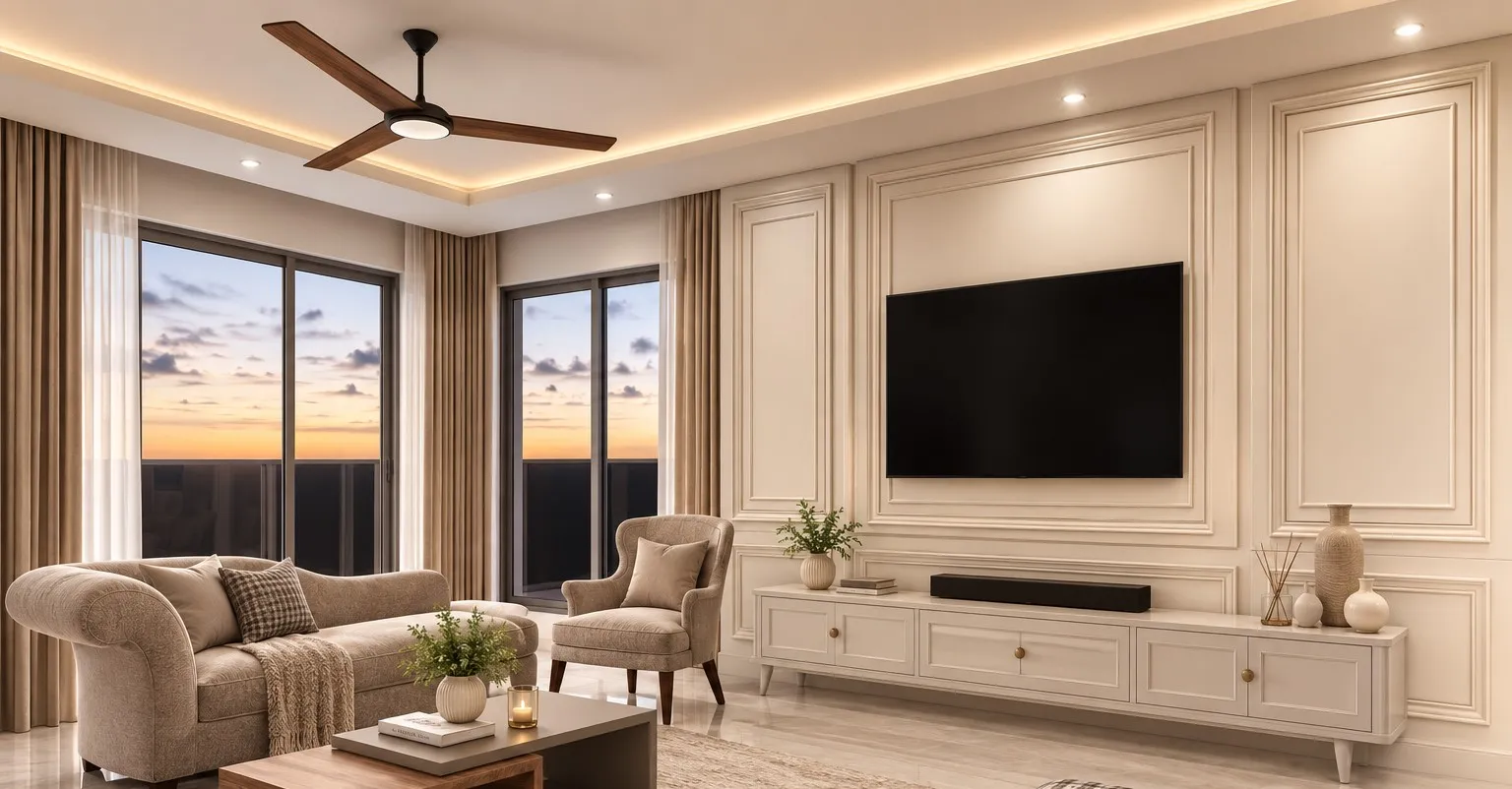 Living room at dusk with floor to ceiling sliding windows, sheer and taupe curtains, a panelled media wall and a curved cream sofa.
