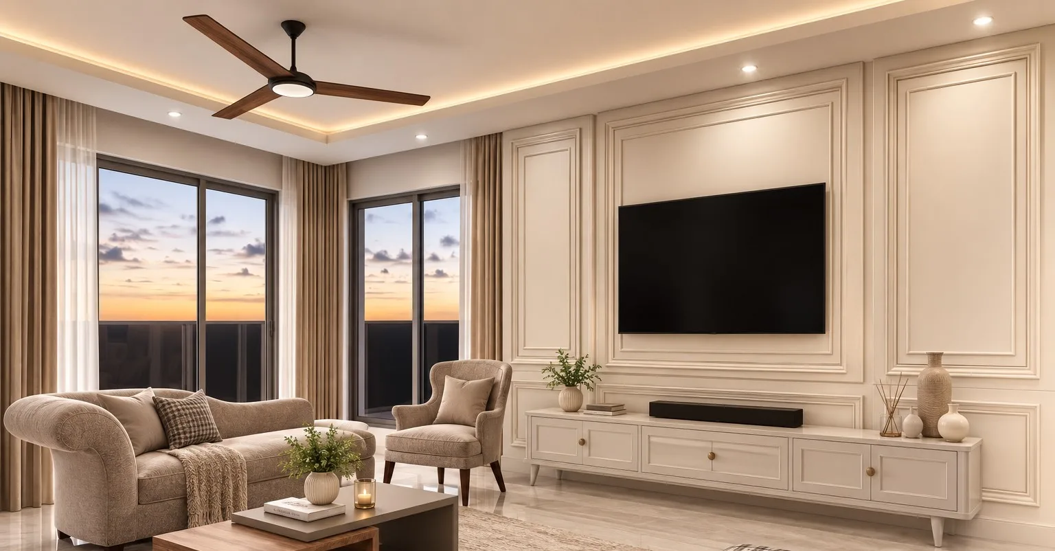 Living room at dusk with floor to ceiling sliding windows, sheer and taupe curtains, a panelled media wall and a curved cream sofa.