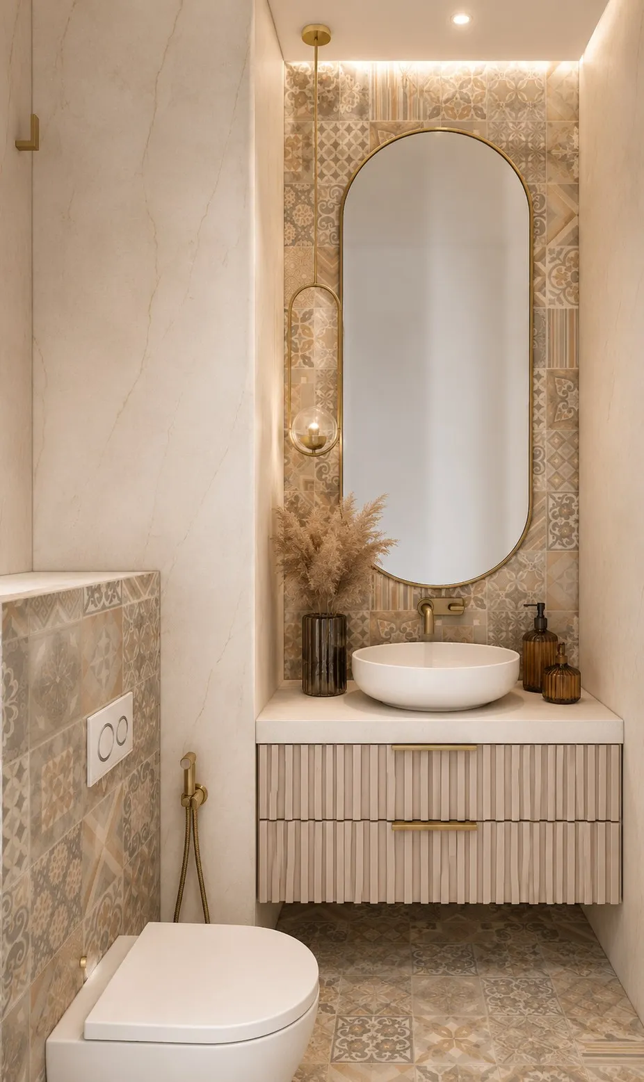 Narrow powder room with an arched brass mirror, patterned tiled feature wall, fluted vanity and a marble-effect surround.